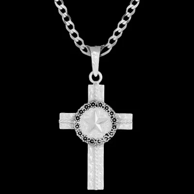 A custom silver cross pendant necklace for men and women, western-inspired design. featuring a silver star figure 